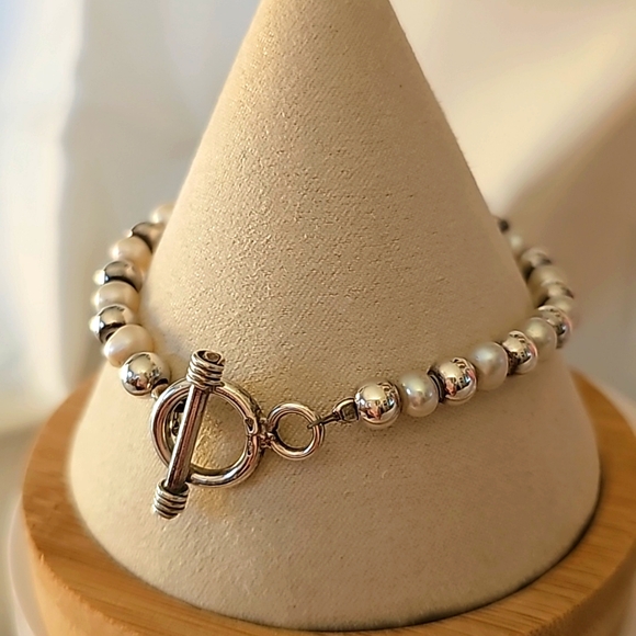SILPADA  925 Sterling Silver  Bead Freshwater Pearl Bead Toggle  Bracelet B0372 - Picture 4 of 7